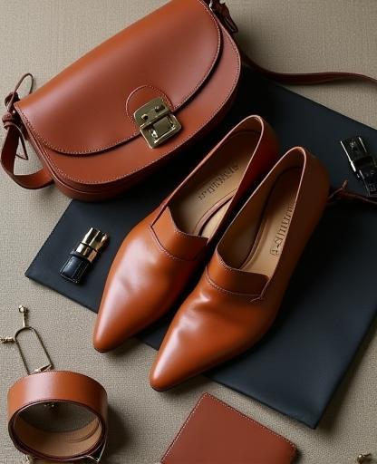Image of luxurious Italian leather accessories, including a handbag, shoes, and belt, artfully arranged