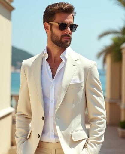 Image of a man wearing a lightweight linen suit in a summer setting